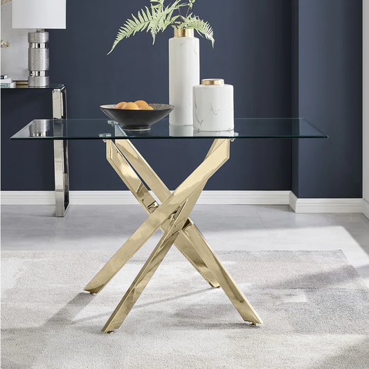 Glass Dining Table with Gold Chrome Legs – Rectangular Modern Table for 4