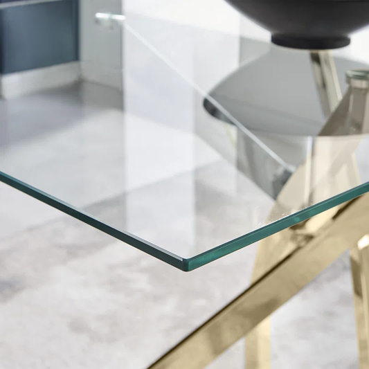 Glass Dining Table with Gold Chrome Legs – Rectangular Modern Table for 4