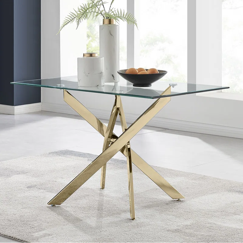 Glass Dining Table with Gold Chrome Legs – Rectangular Modern Table for 4