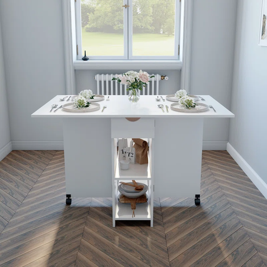 Folding Dining Table with Storage Shelves & Drawers – White Finish