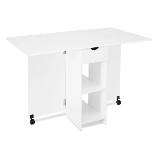 Folding Dining Table with Storage Shelves & Drawers – White Finish